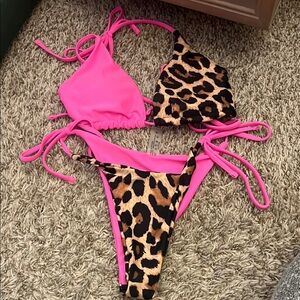 Pink and Leopard Print Bikini Set